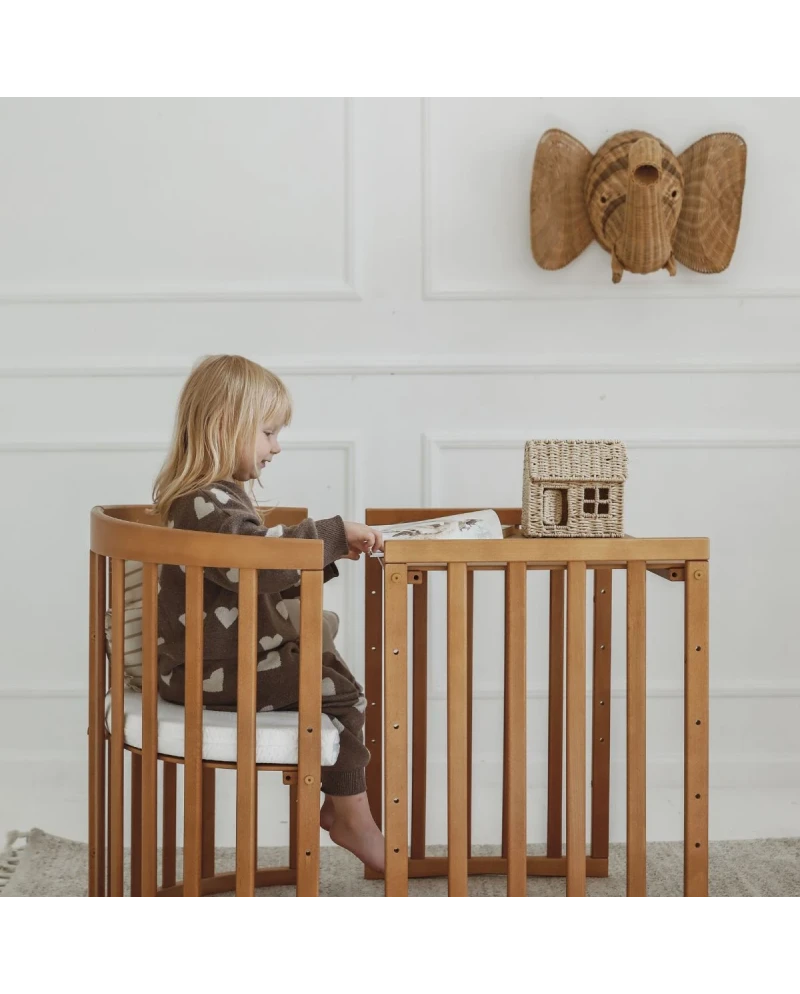 Lettino vintage ovale 7in1 legno miele in modalità sedia bimbo con tavolino – toddler