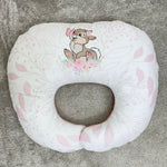 Cuscino allattamento ergonomico rosa con stampa coniglietto e fiori acquerello, motivo foglie, supporto neonata