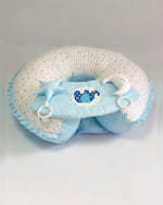 Cuscino allattamento transformer 3 in 1 azzurro e bianco con stelline, seduta per neonato e giochi sonori removibili fatto a mano