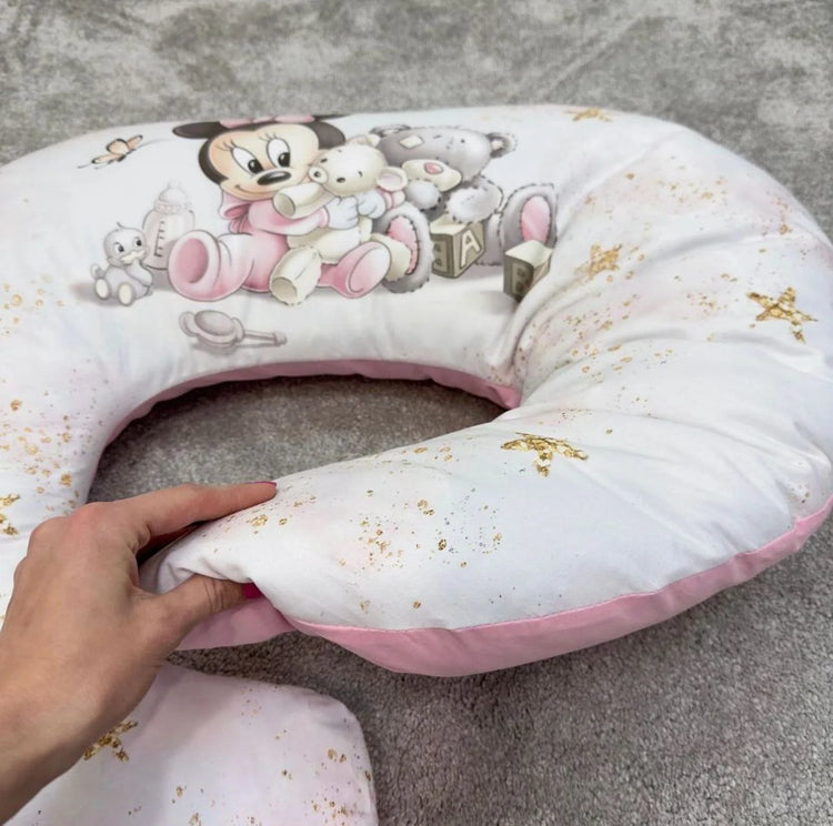 Cuscino allattamento gravidanza ciambella premaman in cotone topolina rosa, imbottitura siliconata ergonomica fatto a mano lavabile in lavatrice