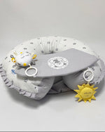 Cuscino allattamento transformer 3 in 1 in cotone grifgio stelle double face con piano gioco e giochi sonori removibili fatto a mano
