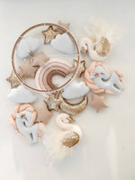 Decorazioni feltro giostrina culla unicorno cigno luna arcobaleno stelle oro glitter nuvole beige rosa cipria