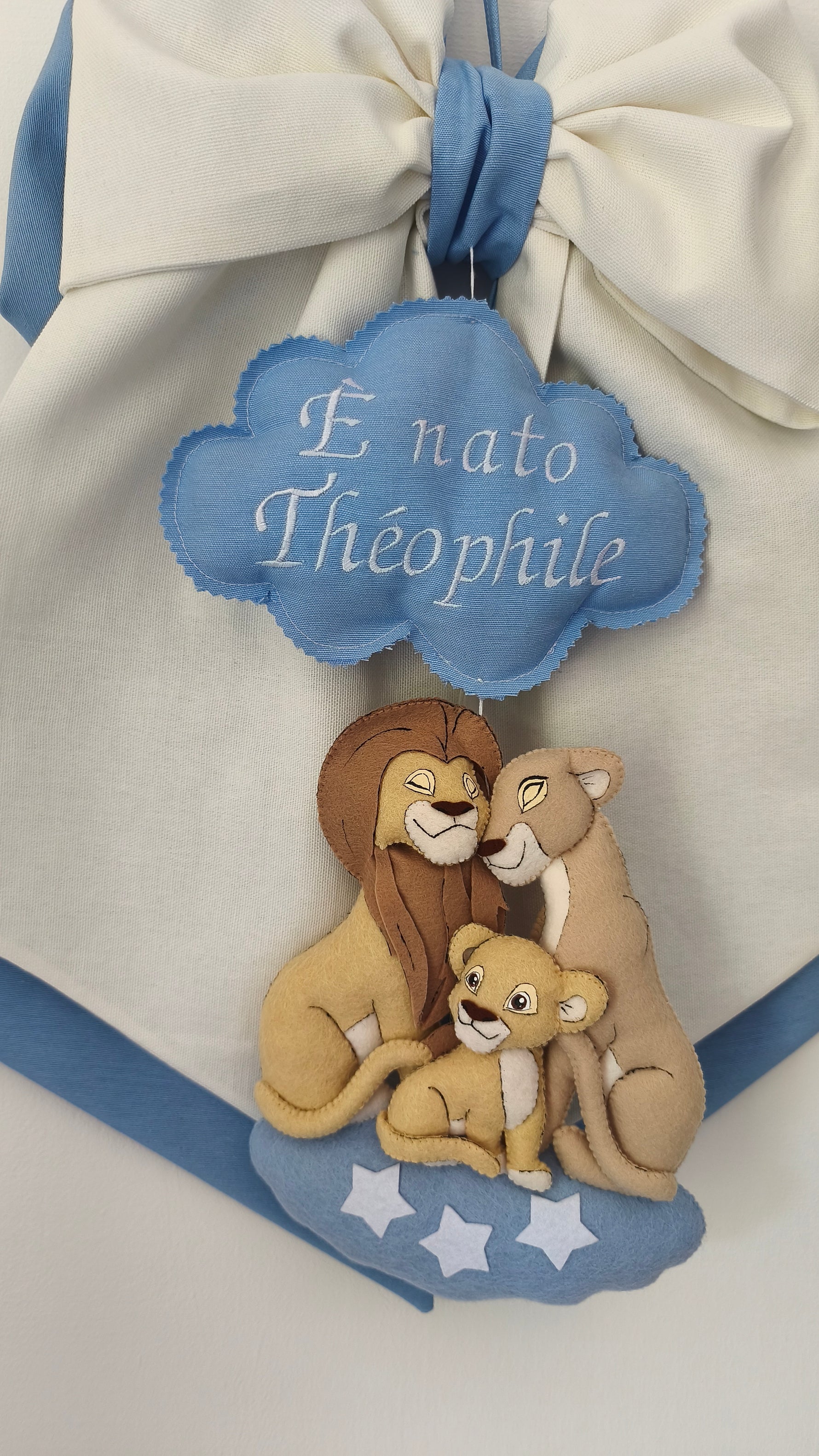 Dettaglio artigianale di un fiocco nascita personalizzato a tema Re Leone Disney con famiglia di leoni e stelle bianche.
