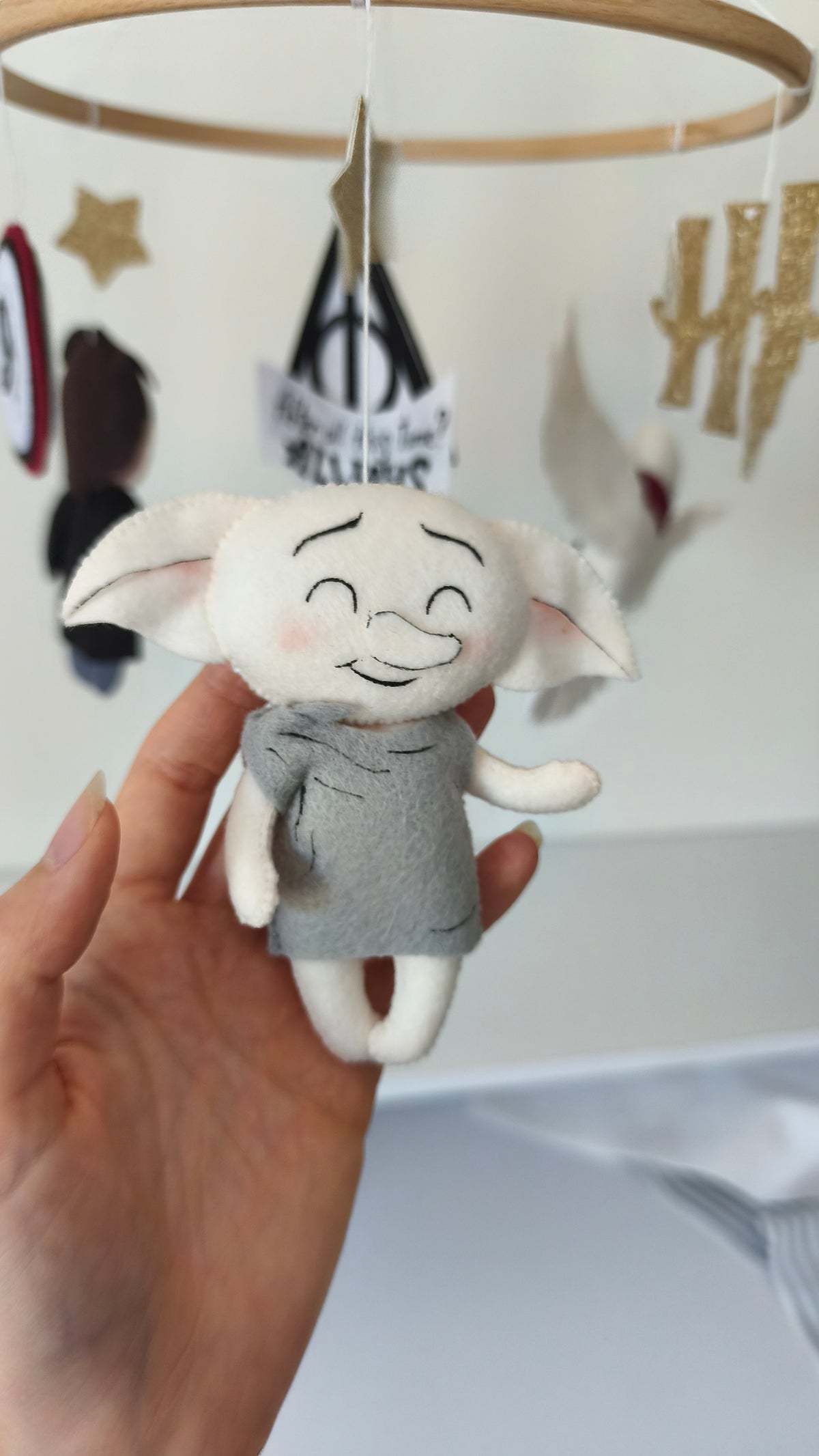 Giostrina culla Harry Potter dettaglio elfo domestico Dobby in feltro fatto a mano, decorazione musicale letto neonato