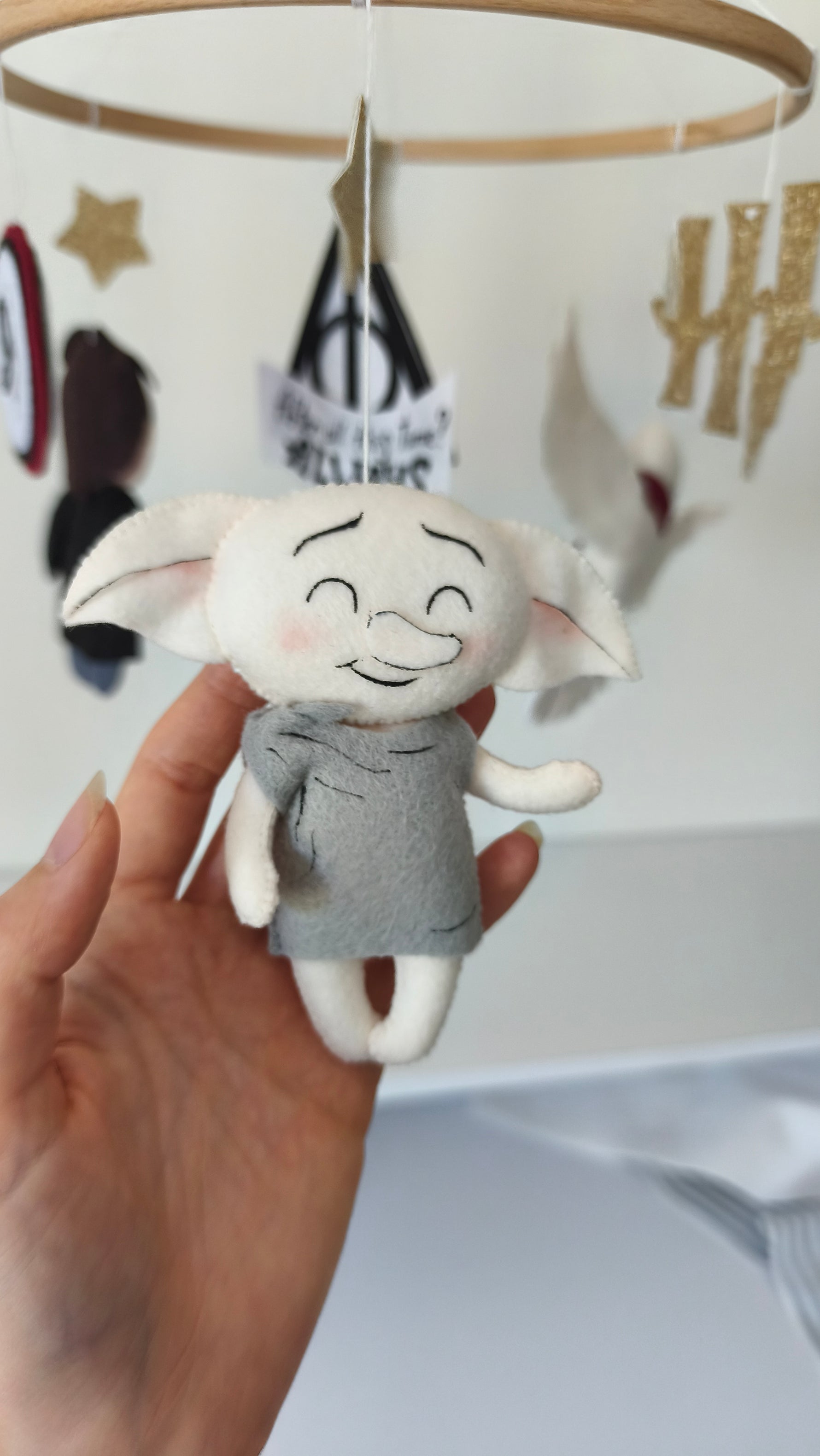 Giostrina culla Harry Potter dettaglio elfo domestico Dobby in feltro fatto a mano, decorazione musicale letto neonato
