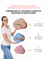 Luce notturna nuvola personalizzata 3 misure S M L con orsetto e luna dorata, confronto dimensioni cameretta bambini