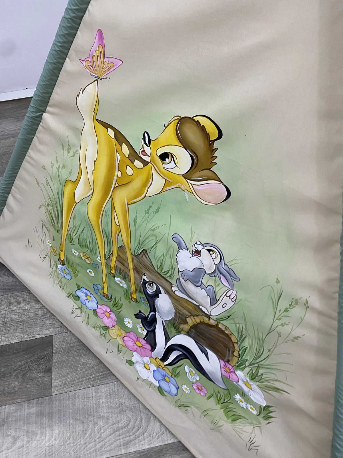 Tenda giochi bambini cotone rosa fiori dipinta a mano tema animale bosco personalizzata con nome, materassino imbottito, cuscino e pali pieghevoli inclusi