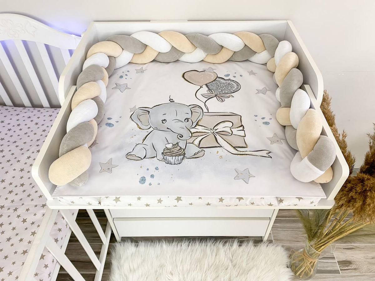 Materassino fasciatoio intrecciato neonato in cotone elefantino beige grigio, treccia paracolpi removibile fatta a mano, double face impermeabile su misura