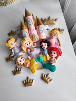 Elementi in feltro per giostrina culla con castello rosa, corone oro, principesse Ariel, Biancaneve, Rapunzel, regalo nascita