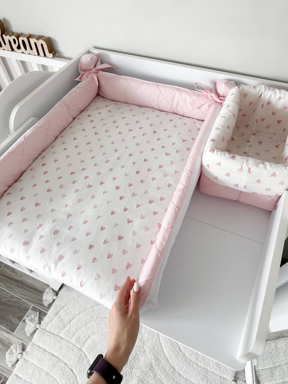 Fasciatoio neonata cuori rosa bordi imbottiti cotone double face impermeabile fatto a mano