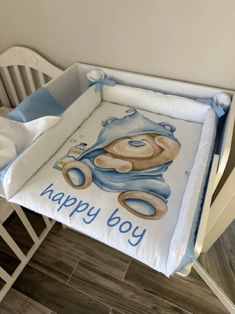 Materassino fasciatoio bimbo orsetto cappuccio azzurro happy boy bordi alti imbottiti cotone double face lavabile neonato