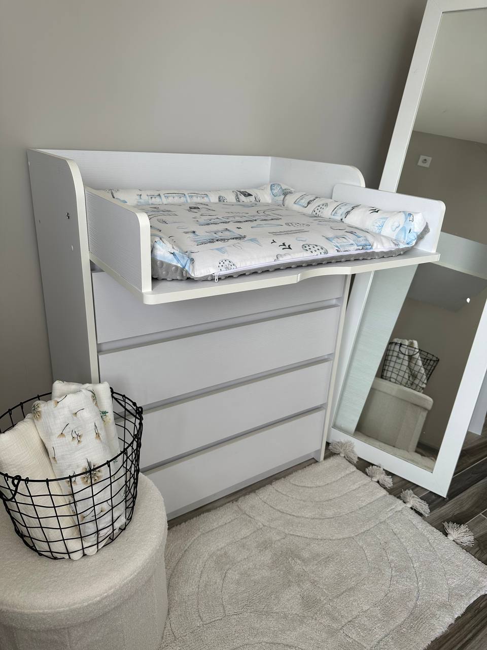 Fasciatoio neonato trenino azzurro grigio rulli bordi imbottiti cotone impermeabile handmade su misura