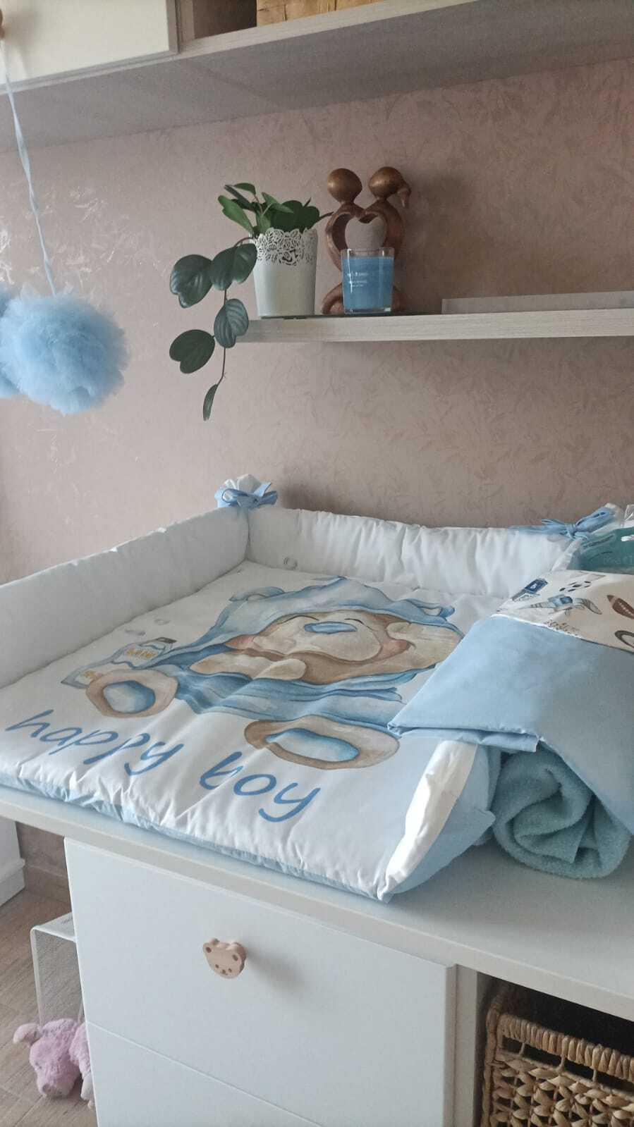 Materassino fasciatoio bimbo orsetto cappuccio azzurro happy boy bordi alti imbottiti cotone double face lavabile neonato