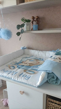 Materassino fasciatoio bimbo orsetto cappuccio azzurro happy boy bordi alti imbottiti cotone double face lavabile neonato