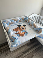 Materassino fasciatoio neonato personalizzato con nome treccia paracolpi azzurro bianco beige Mickey Mouse fatto a mano, double face impermeabile