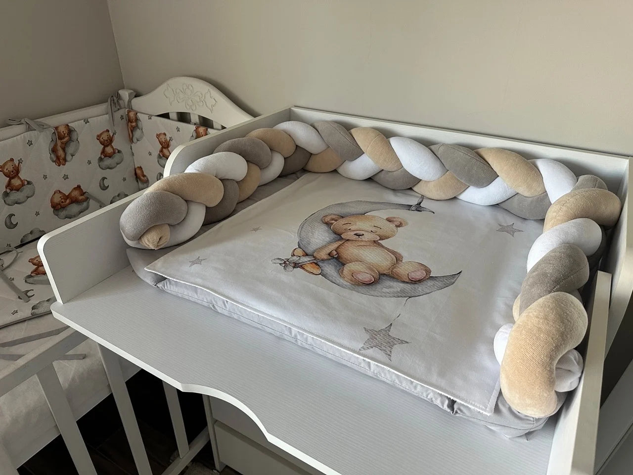 Materassino fasciatoio neonato treccia paracolpi orsetto luna beige grigio, double face impermeabile fatto a mano