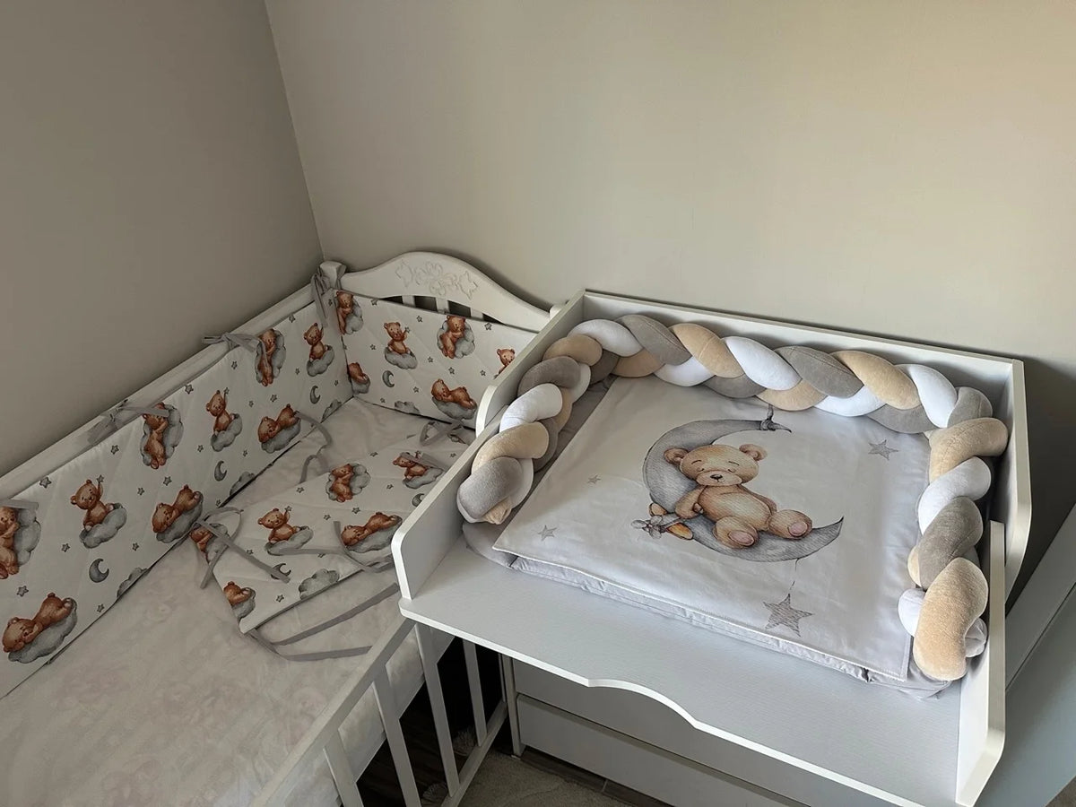 Materassino fasciatoio neonato treccia paracolpi orsetto luna beige grigio, double face impermeabile fatto a mano