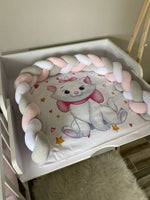 Fasciatoio artigianale neonata treccia tre fili rosa e bianco, gattina fiocco rosa stelle dorate, impermeabile su misura