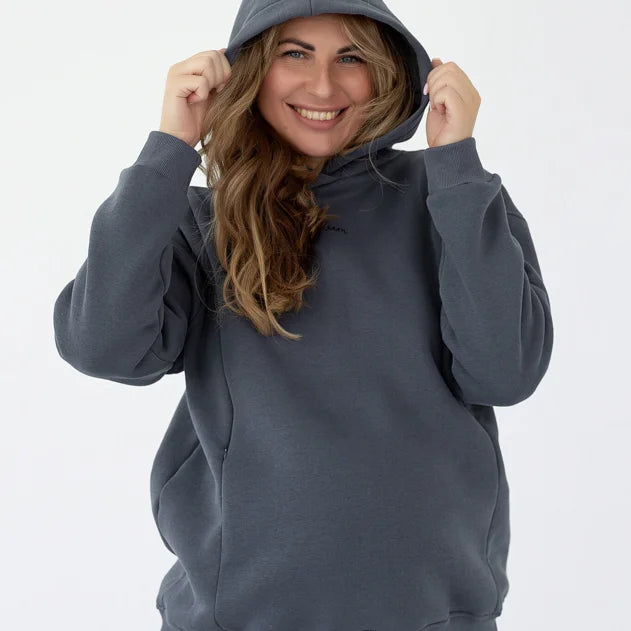 Felpa premaman e allattamento Warm&Cosy grigio grafite con cappuccio, modello lungo in cotone felpato