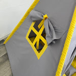 tenda giochi wigwam teepee per bambini 1,2,3,4,5,6,7,8,9,anni colori grigio e giallo con dipinto immagine leone, finestra