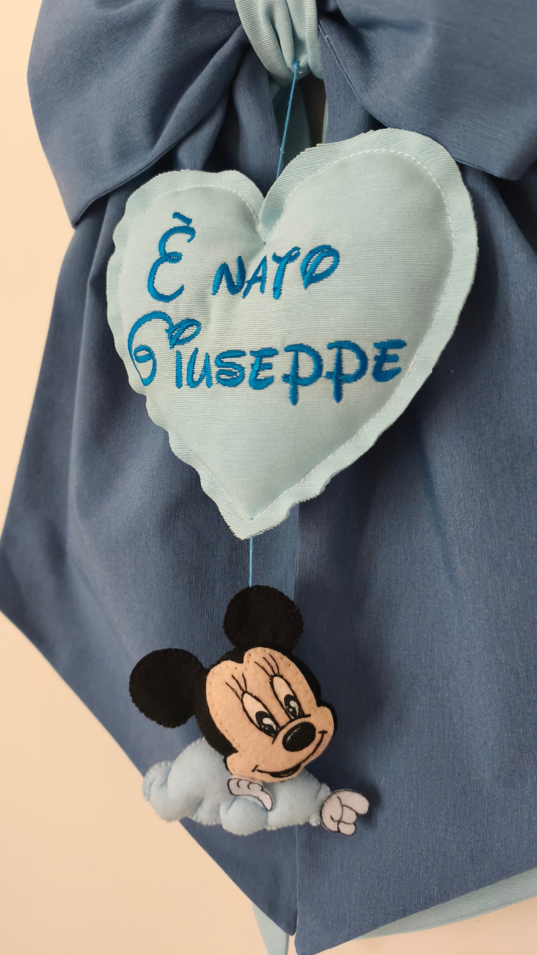 Fiocco nascita maschio blu celeste cuore azzurro è nato nome ricamato topolino in feltro decorazione porta ospedale bimbo