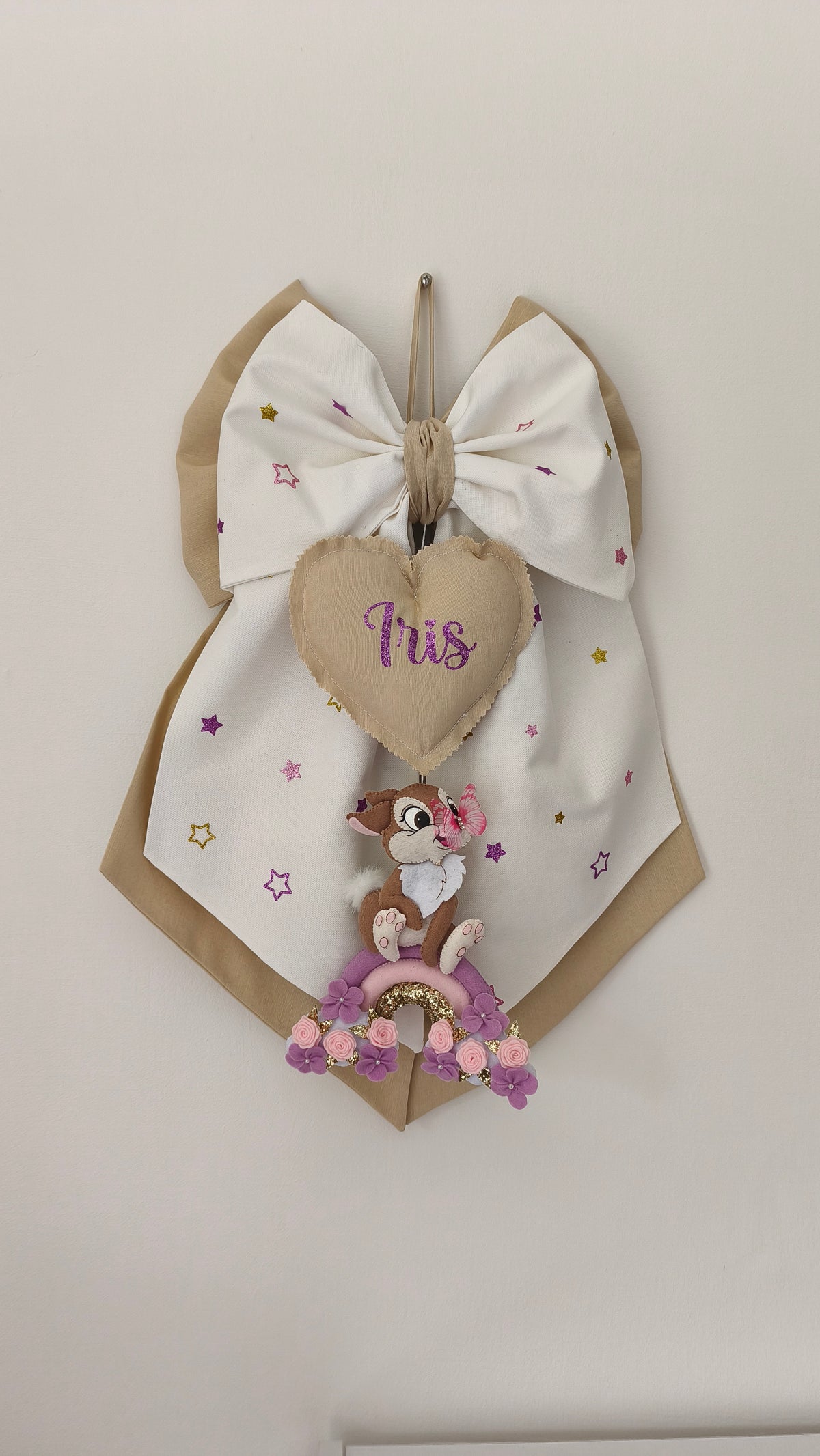 Fiocco nascita bimba bianco stelle glitter e tortora con cuore ricamato coniglietta arcobaleno fiori lilla e rose rosa
