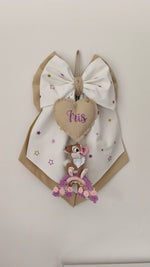 Fiocco nascita bimba bianco stelle glitter e tortora con cuore ricamato coniglietta arcobaleno fiori lilla e rose rosa