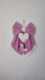 Fiocco nascita bimba fatto a mano malva e bianco con cuore bianco ricamato e personaggio Minnie neonata per portone culla