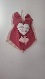 Fiocco nascita personalizzato bimba in cotone marsala e righe bianche con cuore ricamato e orsetta in feltro con tulle rosa