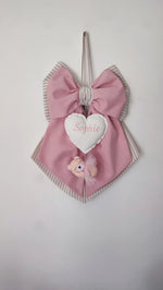 Fiocco nascita personalizzato bimba in cotone rosa antico e righe tortora con cuore bianco ricamato e orsetta ballerina in feltro con gonna in tulle