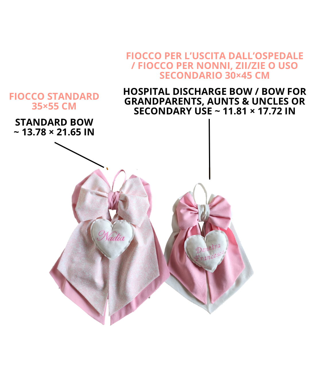 Fiocco nascita coccarda in cotone rosa cipria e bianco latte, con nome ricamato, fatto a mano per portone, culla e ospedale – pronto in 24h