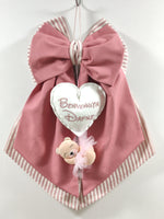 Fiocco nascita bimba rosa antico righe bianche cuore ricamato benvenuta e nome orsetta ballerina feltro tulle 