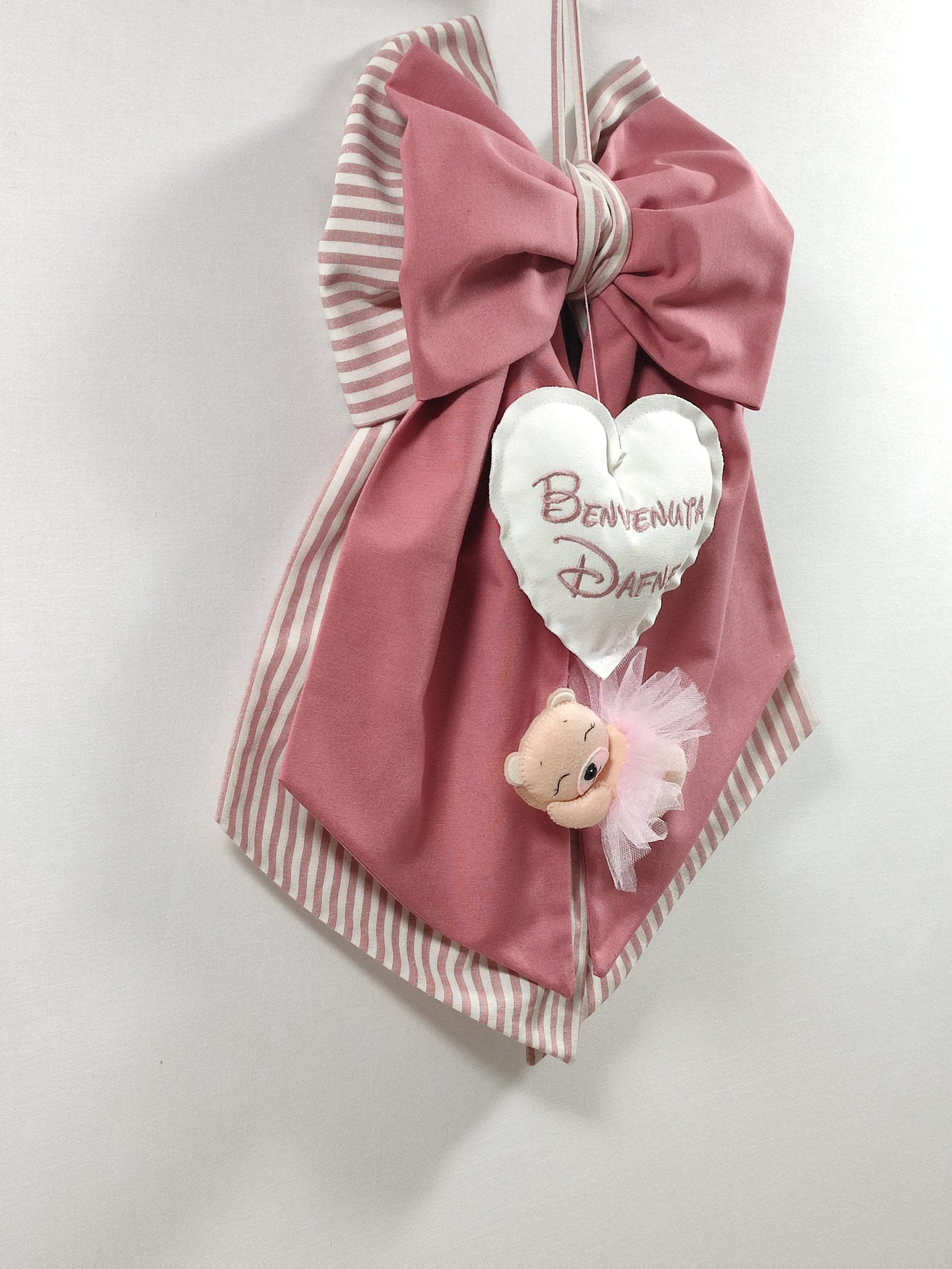 Fiocco nascita femmina cotone rosa righe bianche cuore bianco nome ricamato orsetta tutù ros