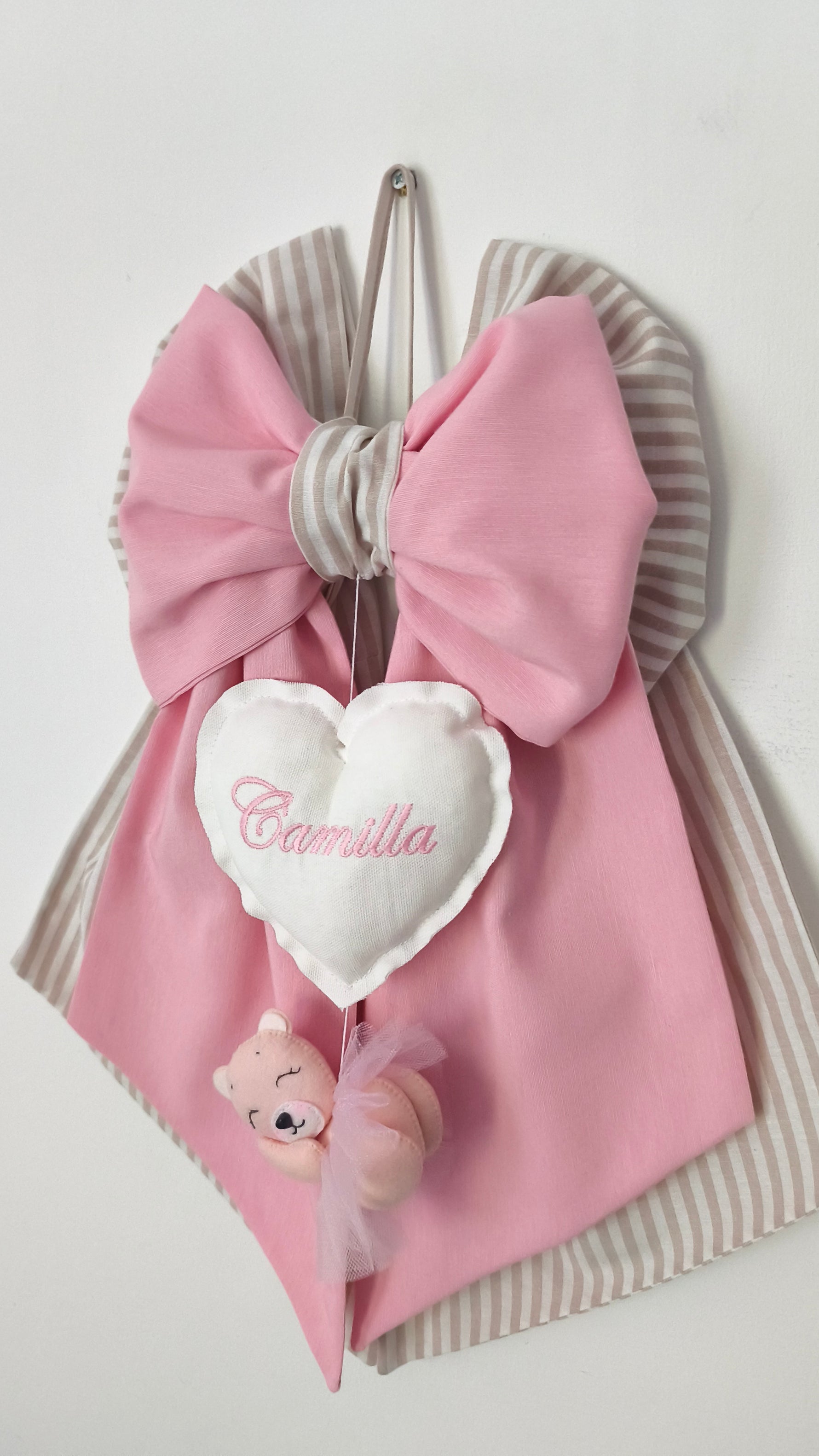 Fiocco nascita bimba rosa righe tortora cuore bianco nome ricamato orsetta ballerina tulle porta ospedale personalizzato