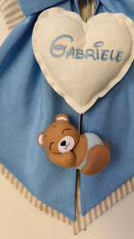 Fiocco nascita bimbo cotone azzurro righe beige cuore ricamato nome orsetto pannolenci porta ospedale personalizzato