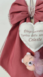 Fiocco nascita marsala righe cuore ricamato personalizzato annuncio fratellino sorellina orsetta ballerina pannolenci bimba