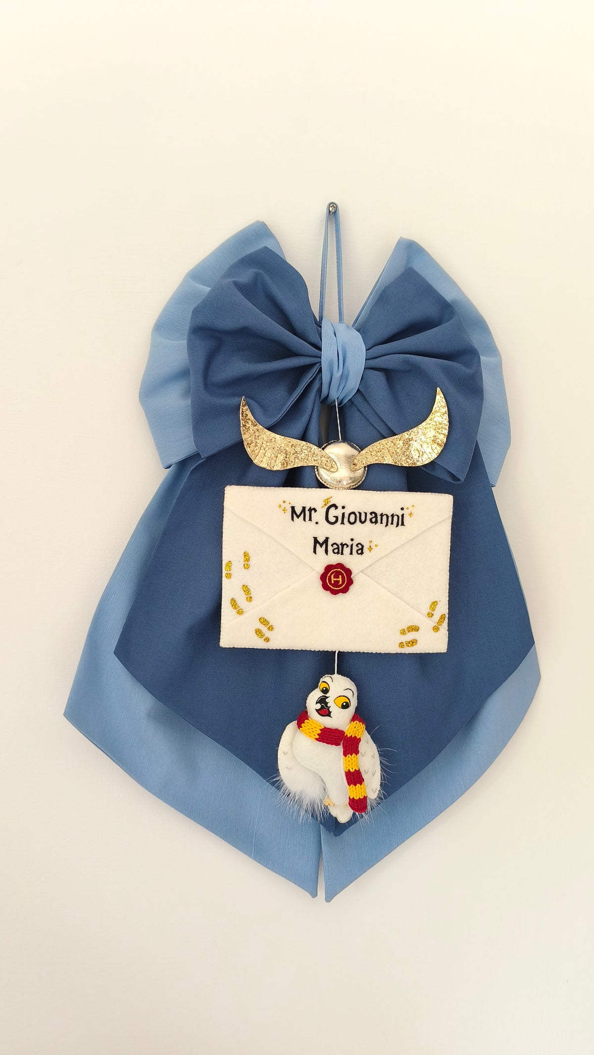 Fiocco nascita personalizzato Harry Potter blu con boccino d'oro, lettera Hogwarts e civetta Edvige