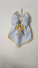 Fiocco nascita azzurro e sabbia con Hercules Disney in feltro su nuvola e fulmine, personalizzabile con nome bimbo.