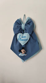 Fiocco nascita maschio blu denim e celeste cuore azzurro ricamato è nato e nome personalizzato con personaggio disney topolino in feltro