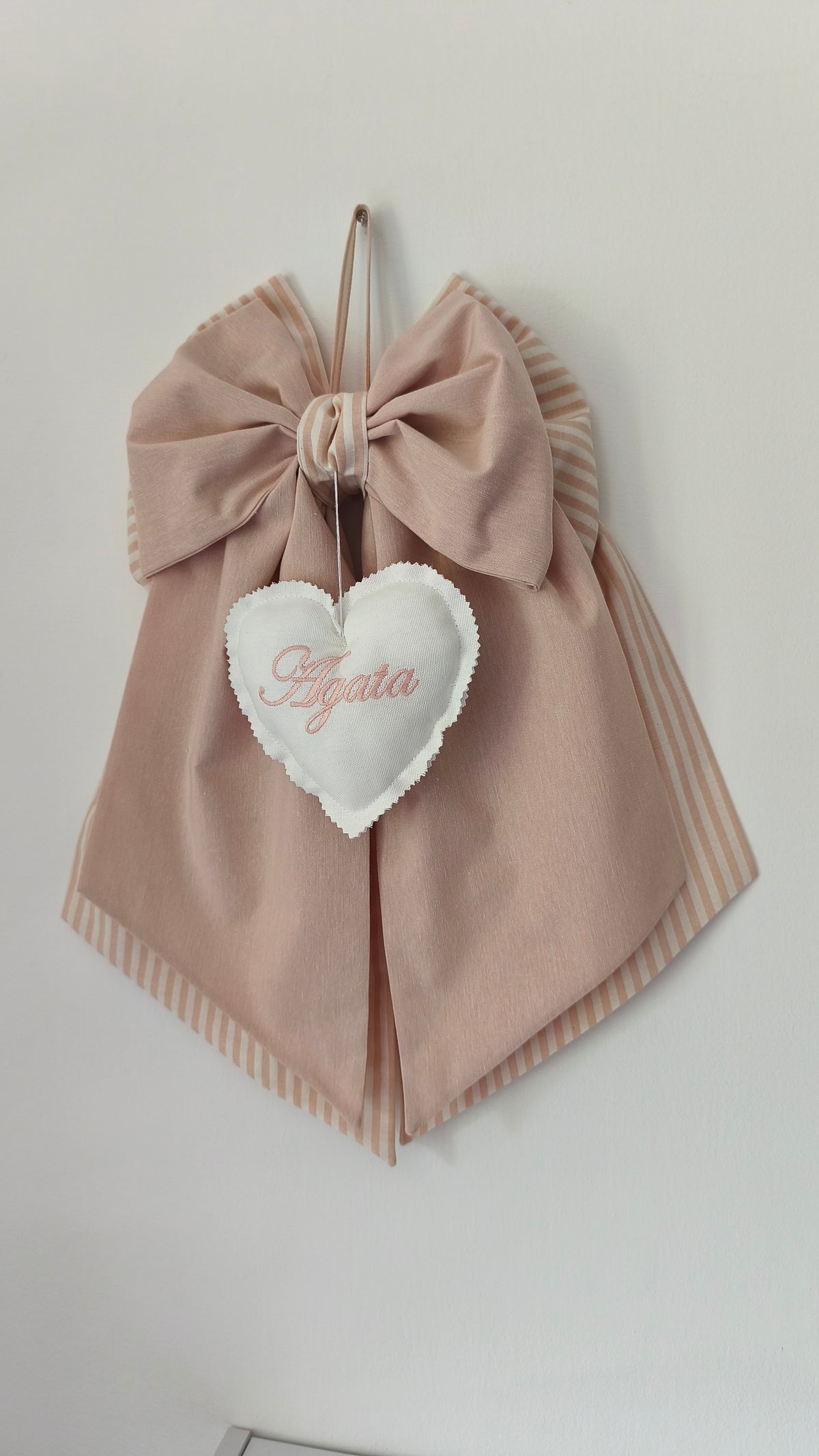 Fiocco nascita antico e beige con cuore ricamato nome bambina personalizzato