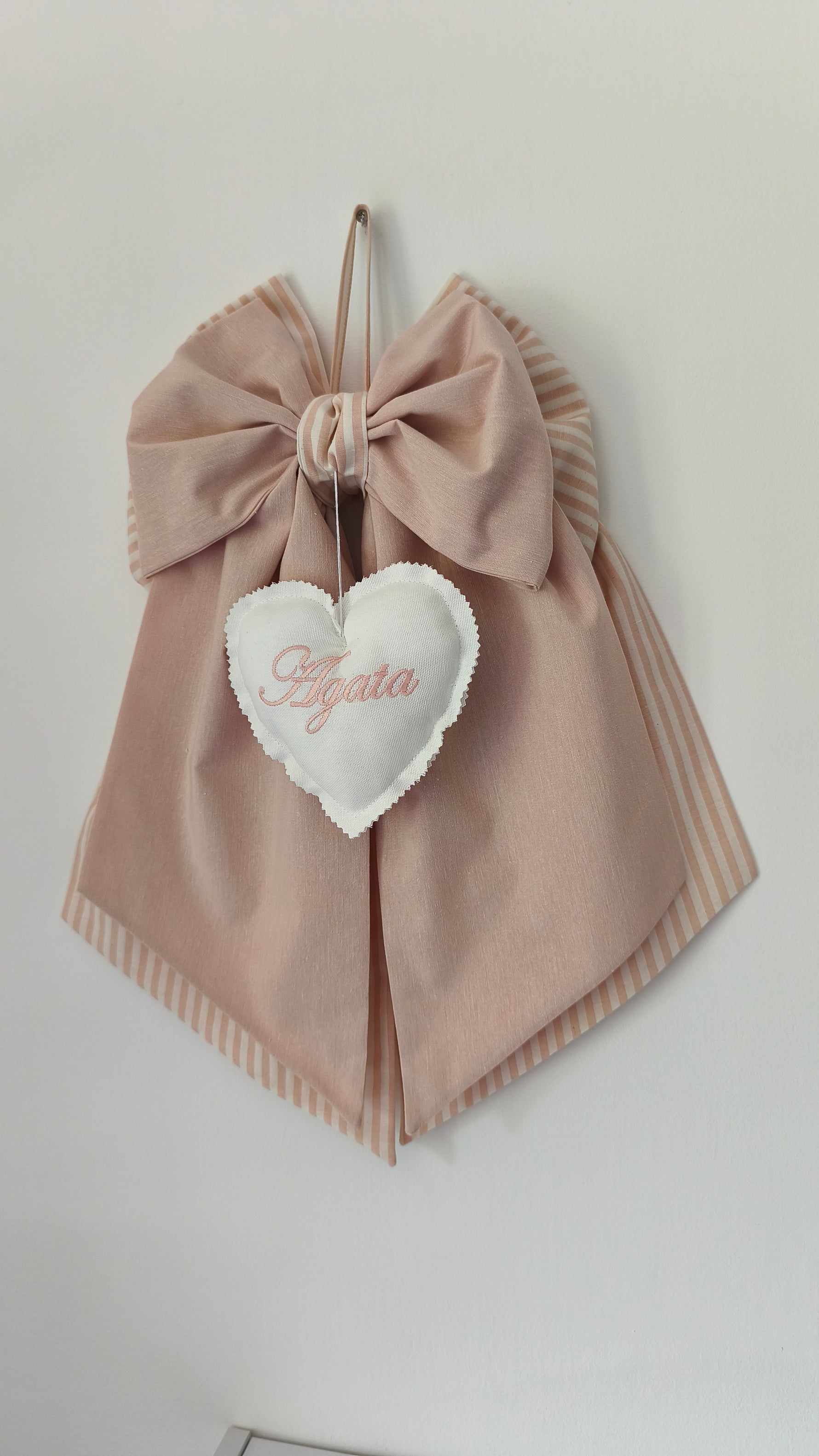 Fiocco nascita antico e beige con cuore ricamato nome bambina personalizzato