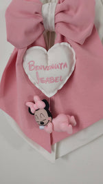 Fiocco nascita rosa bianco cuore ricamato benvenuta nome tema topolina feltro dormiente decorazione nascita femmina