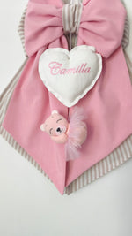 Fiocco nascita rosa righe tortora cuore bianco nome ricamato orsetta ballerina feltro tulle decorazione nascita femmina