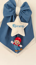 Fiocco nascita artigianale con stella imbottita, nome a scelta e personaggio Super Mario, regalo nascita bimbo.