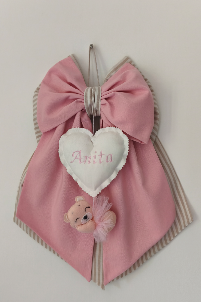 fiocco nascita bambina rosa e righe con orsetta in eltro fatto a mano