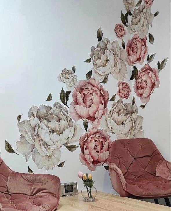 Stickers da muro fiori di peonia giganti in sfumature rosa cipria, carta da parati adesiva facile da applicare, stile chic.