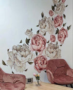 Stickers da muro fiori di peonia giganti in sfumature rosa cipria, carta da parati adesiva facile da applicare, stile chic.