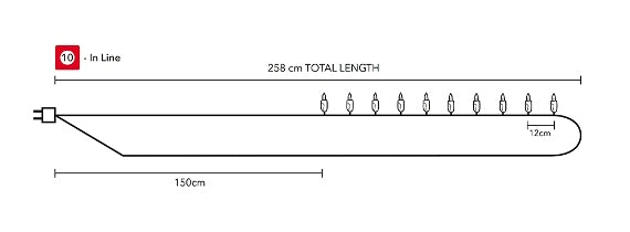 Schema tecnico ghirlanda luminosa 10 palline in linea, lunghezza 258 cm, misure cavo