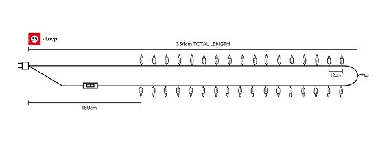 Schema tecnico ghirlanda luminosa 35 palline a loop, lunghezza 354 cm, misure cavo