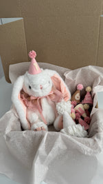 Gift box primo anno neonato con coniglietto peluche rosa e cappellini mensili in scatola